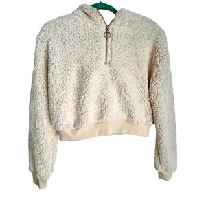 Ivory Women’s Cropped Teddy Half Zip Sherpa Style Hoodie Gold Zipper Sz Medium.